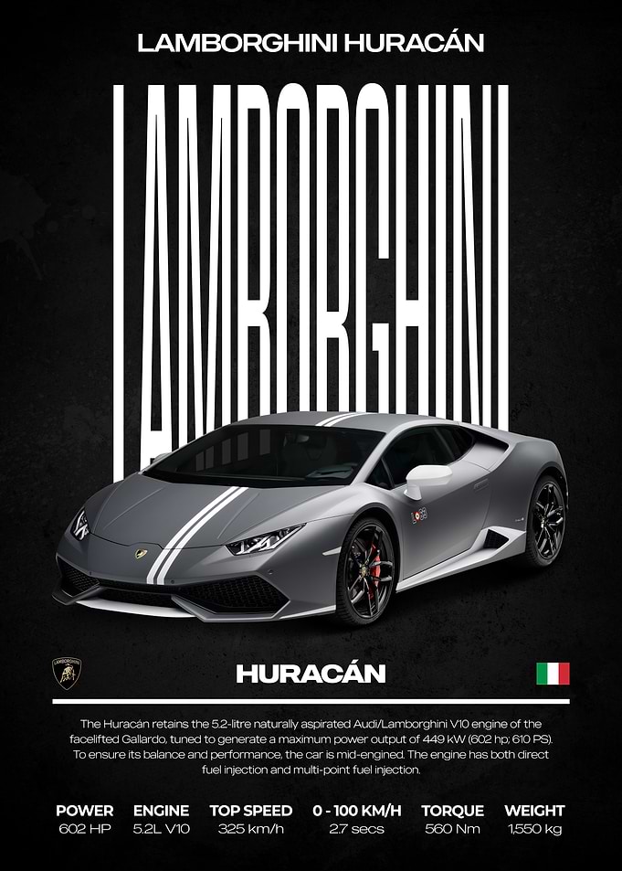 Lamborghini Huracan Gray Car Poster