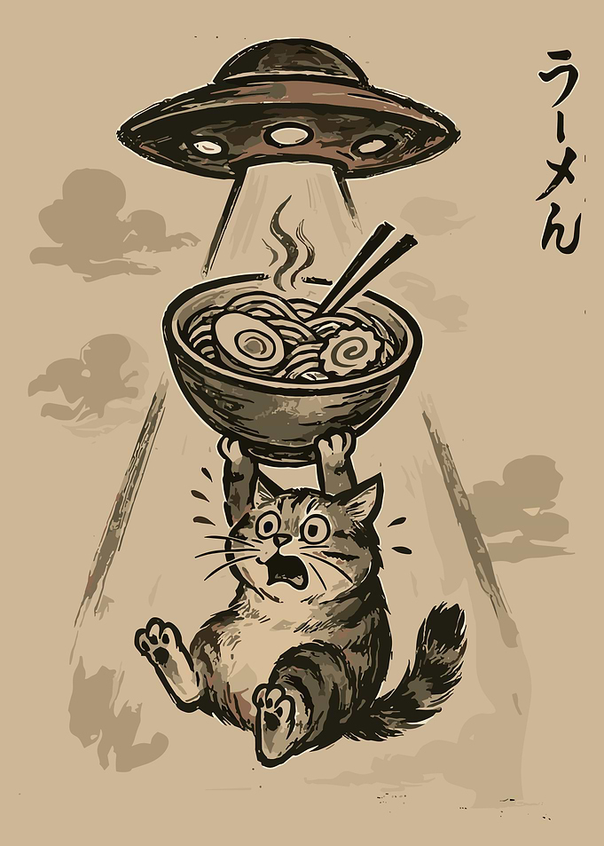 UFO Abducting Cat Poster, Funny Ramen Alien Art Print, Cute Japanese Food Wall Decor