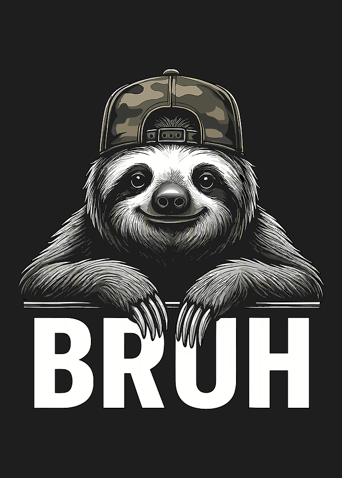 Funny Sloth Poster, BRUH Meme Wall Art, Camo Hat Animal Humor Print for Room or Office