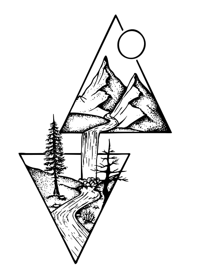 Geometric Mountain Landscape with Waterfall