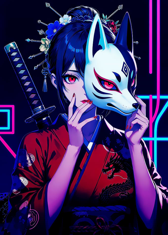 Anime Girl with Kitsune Mask