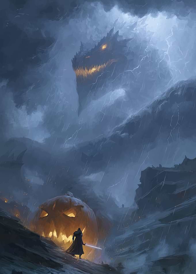 Dragon, Knight, and Halloween Pumpkin