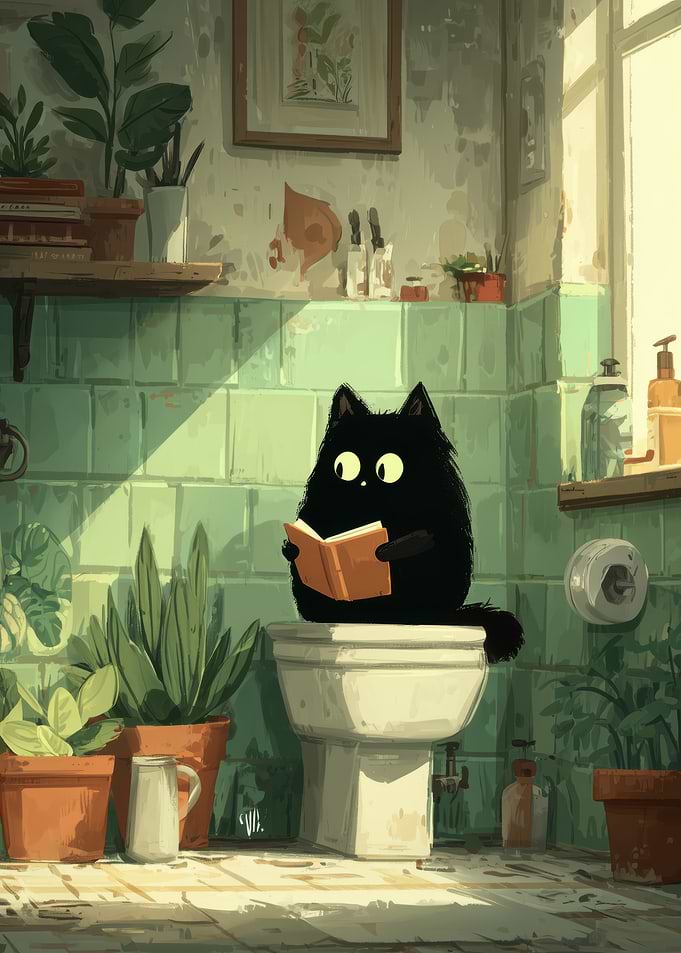 Black Cat Reading on Toilet