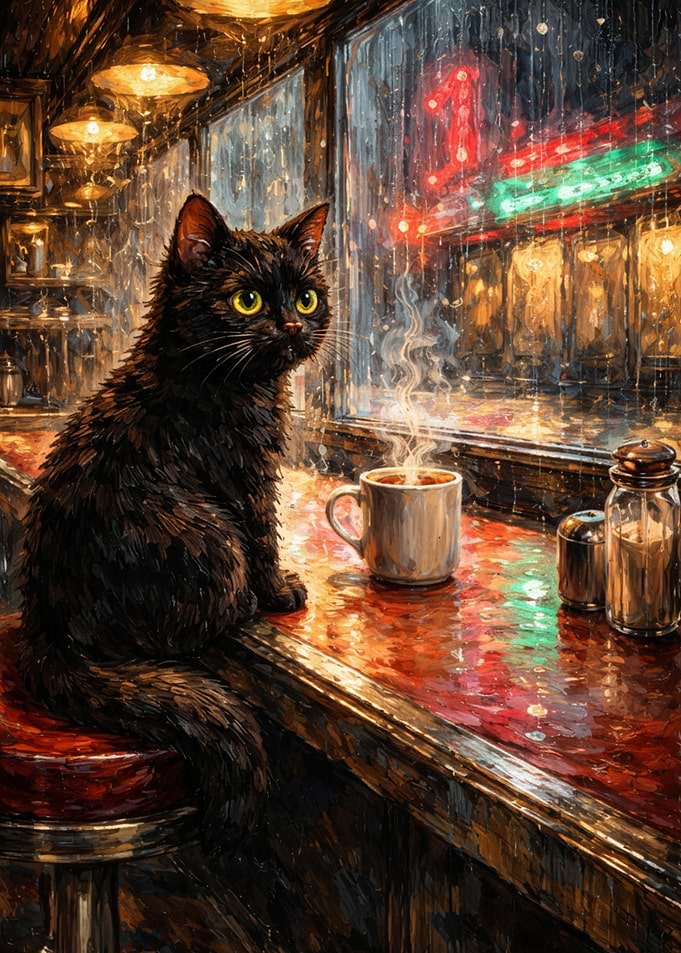 Black Cat in Rainy Cafe Painting