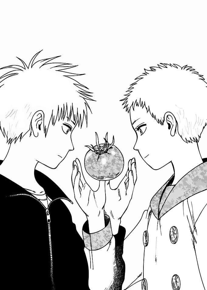 Two Boys Holding a Tomato
