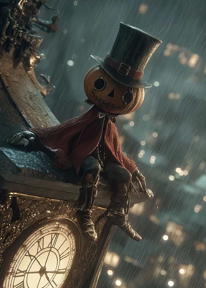 Pumpkin-headed figure on clock tower in rain
