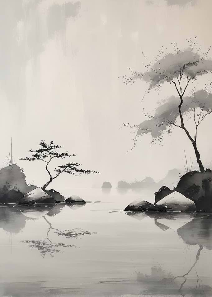 Monochrome Landscape with Trees and Water