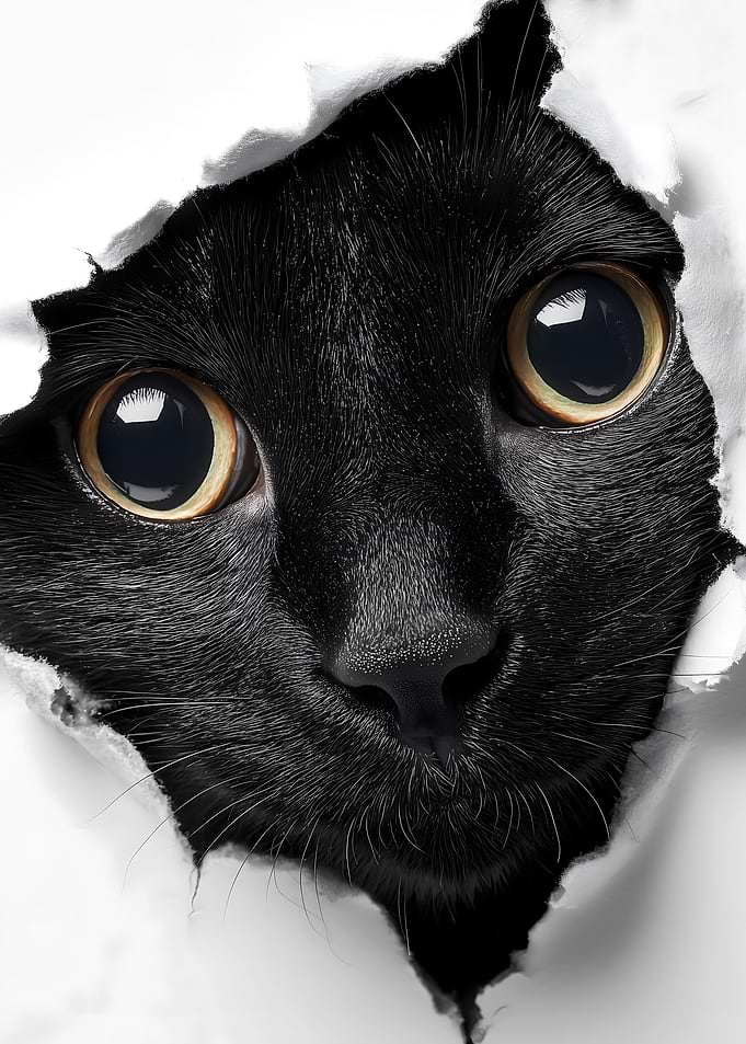 Black Cat Peeking Through Torn Paper