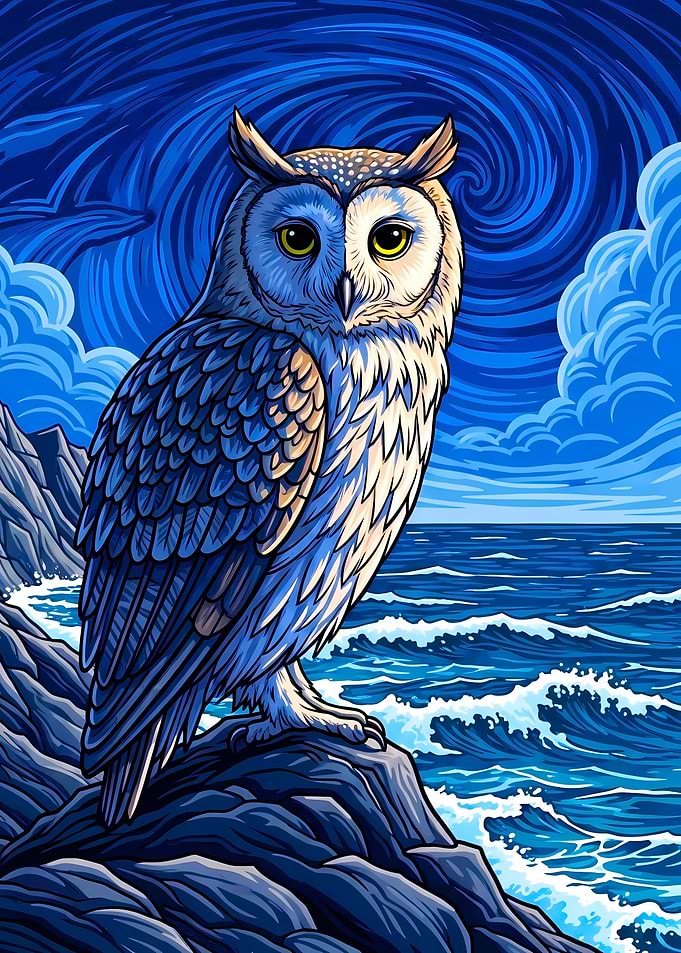 Owl on Rocky Coastline at Night