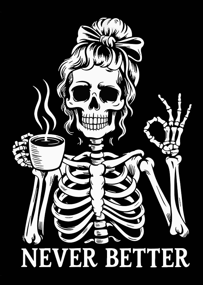 Skeleton with Coffee - Never Better