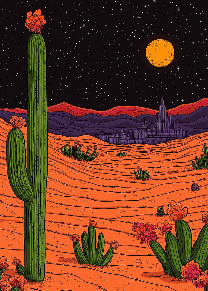 Desert Landscape with Cactus and City