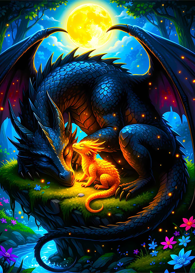 Dragon Family Under the Moonlight
