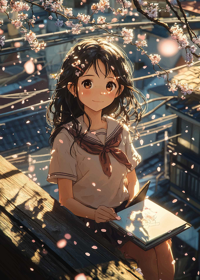 Anime Girl Drawing Under Cherry Blossoms