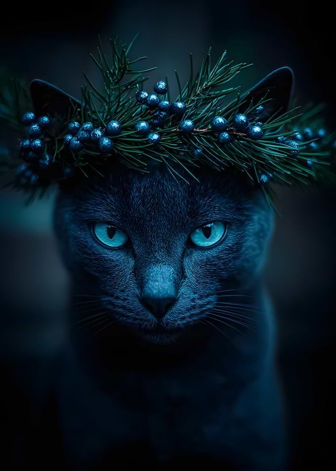 Blue Cat with Berry Wreath