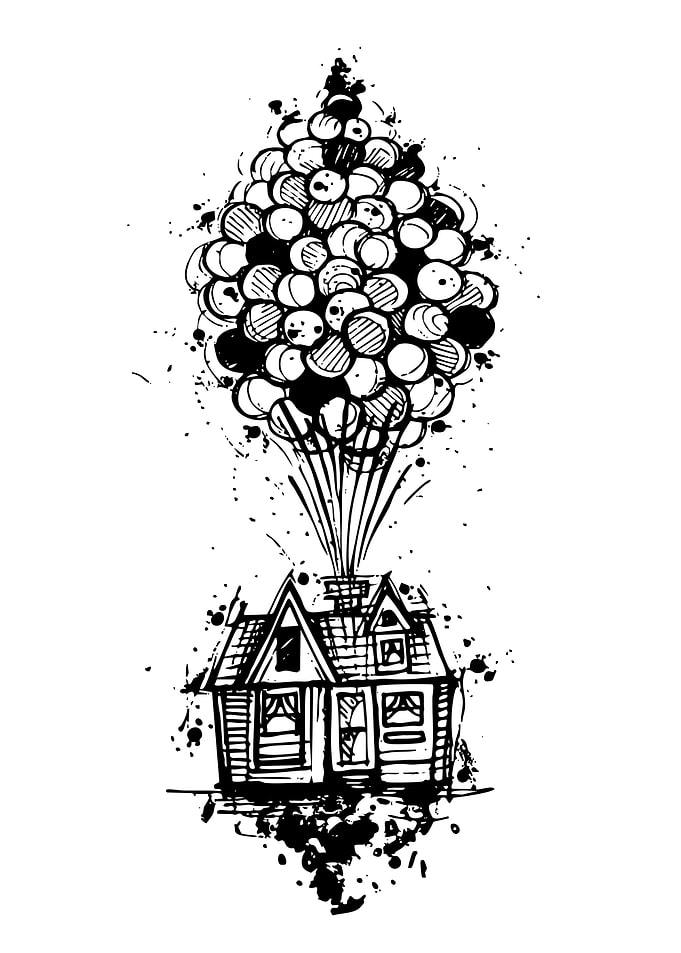 House Floating with Balloons Ink Sketch