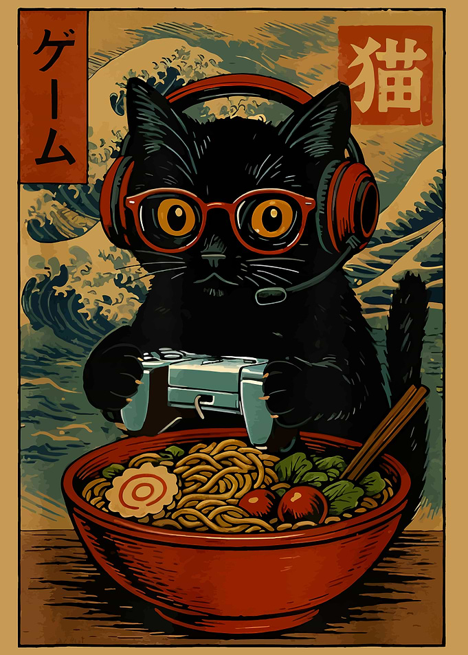 Gamer Cat with Ramen and Waves