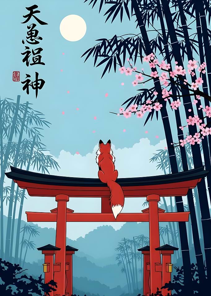 Fox on Torii Gate Illustration