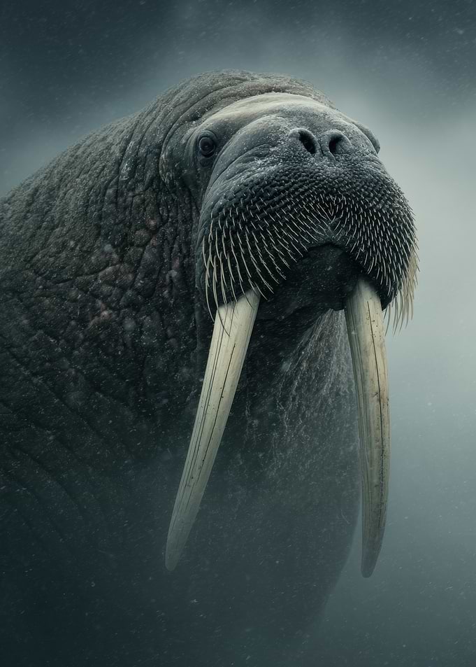 Walrus portrait in misty environment