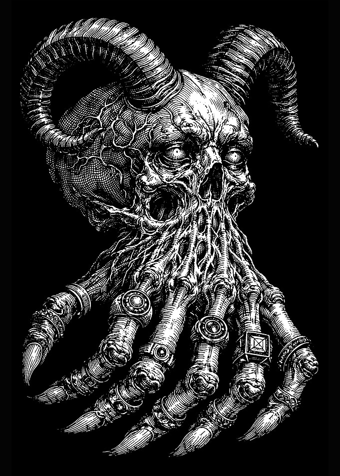 Horned Skull Hand with Rings