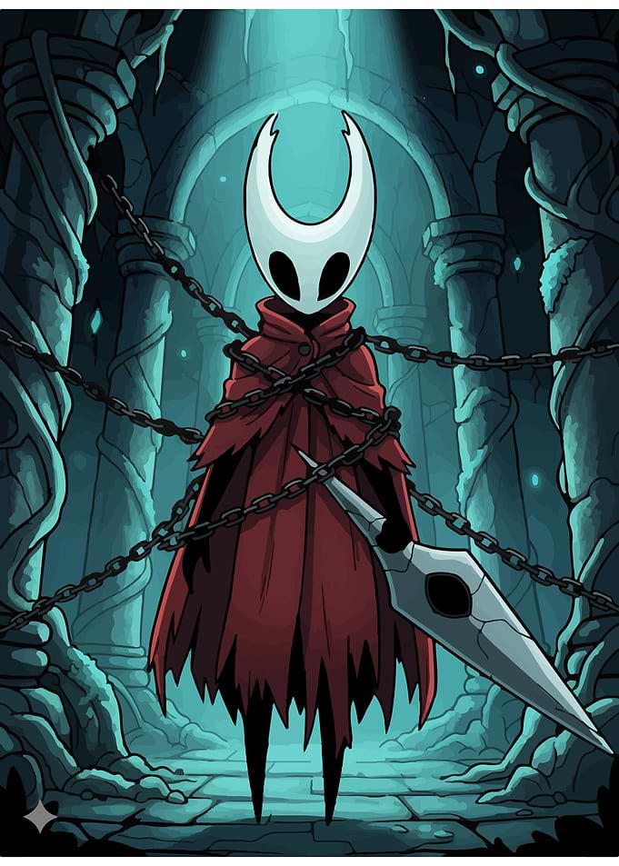 Hornet from Hollow Knight in dungeon