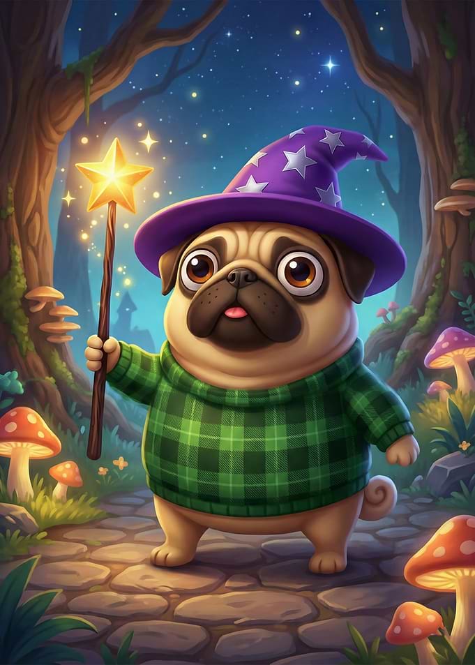 Pug Wizard in Enchanted Forest