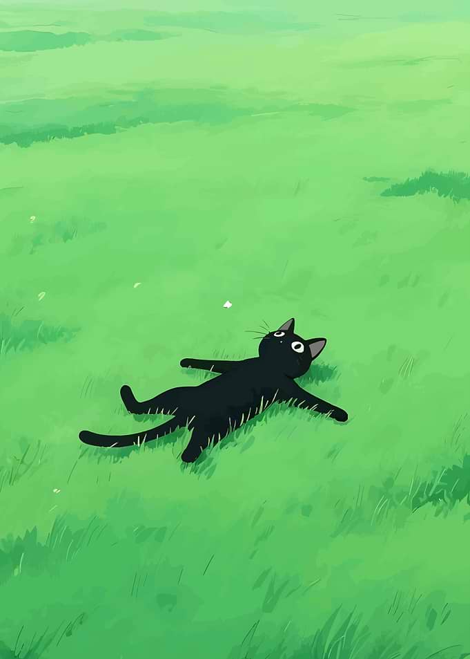 Black cat lying in green grass