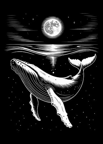 Mystical Whale Poster, Black and White Ocean Art Print, Full Moon Sea Wall Decor