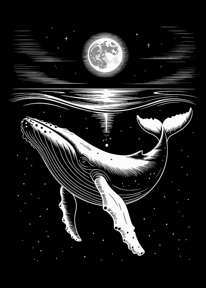 Mystical Whale Poster, Black and White Ocean Art Print, Full Moon Sea Wall Decor