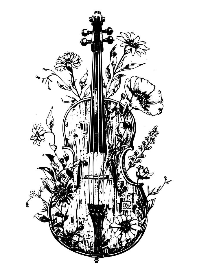 Violin and Flowers Black and White