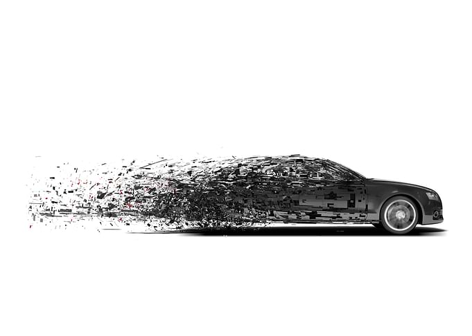 Deconstructed Car on White Background