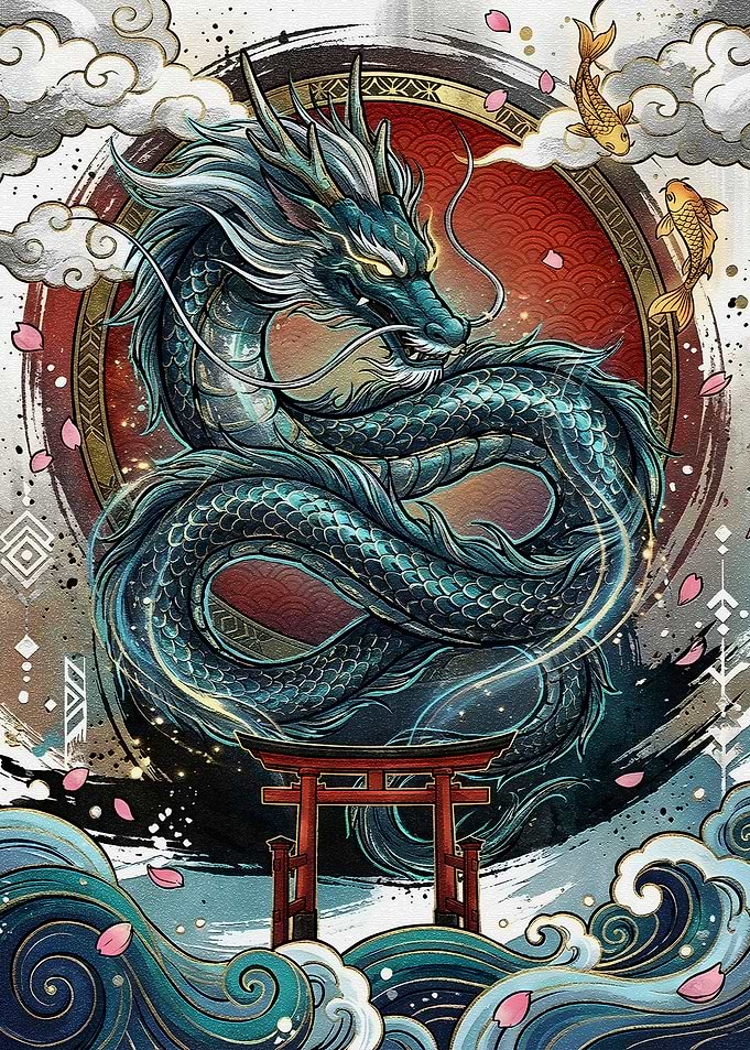 Japanese Dragon and Torii Gate Art