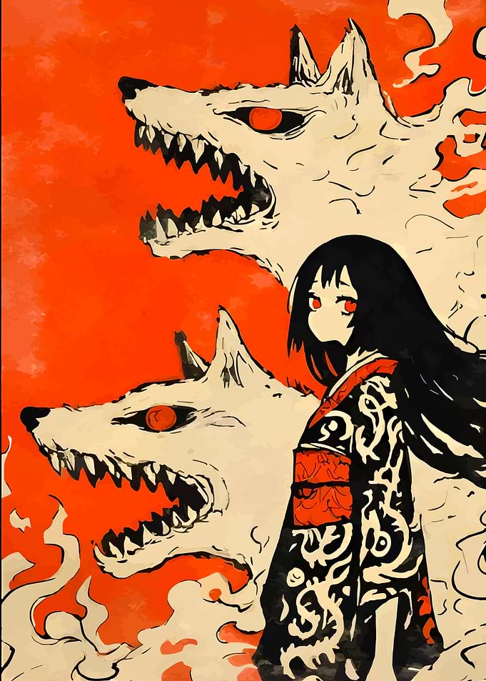 Anime Girl with Wolves