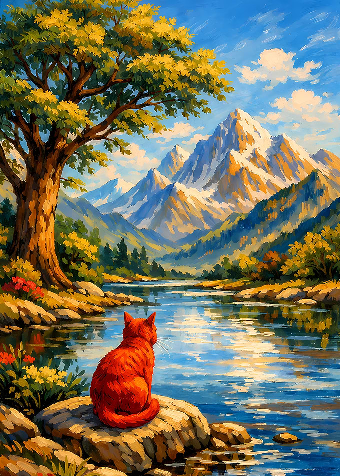 Cat Contemplating Mountain Landscape Painting