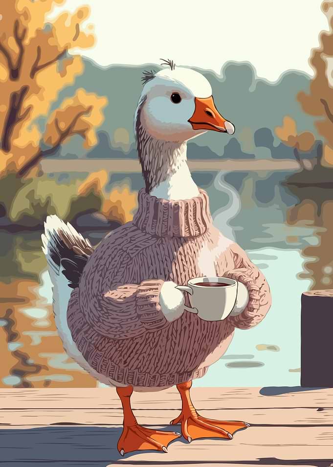 Goose in Sweater with Coffee