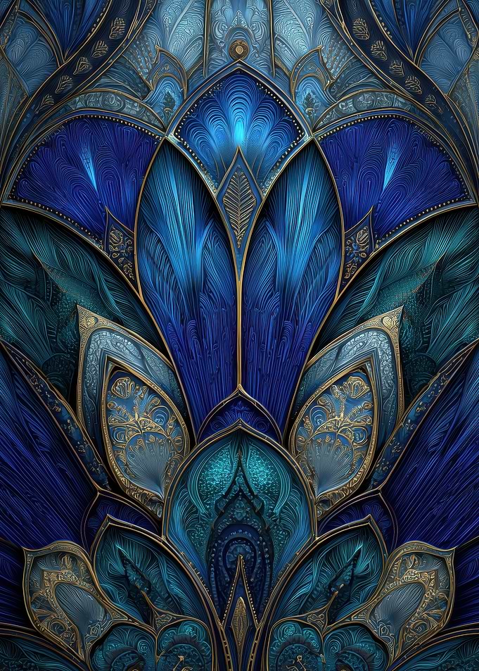Blue and Gold Abstract Floral Art Deco Pattern