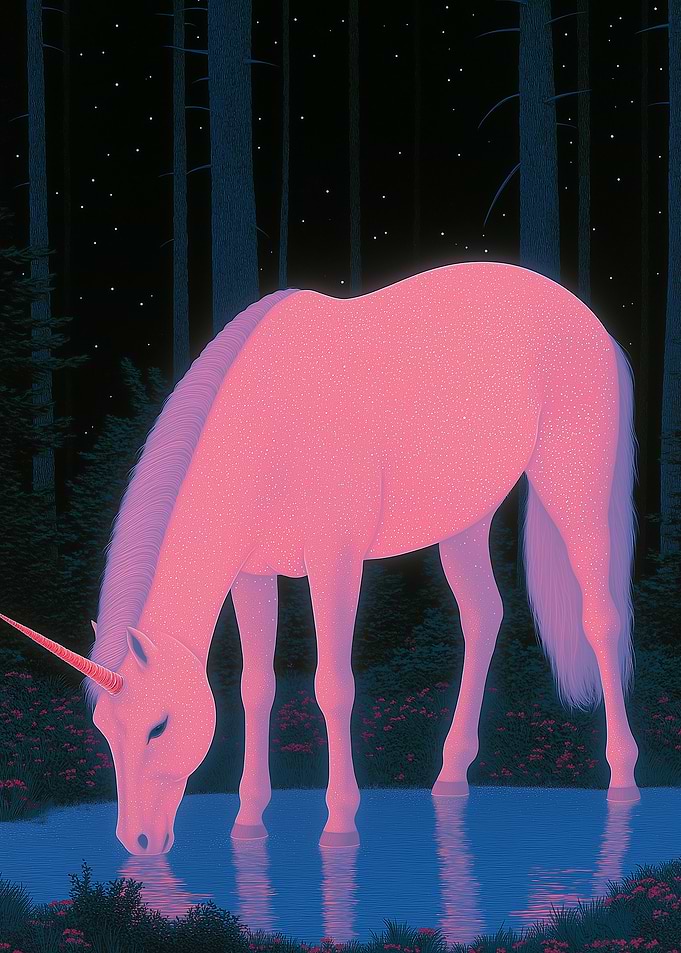 Pink Unicorn Drinking in Forest