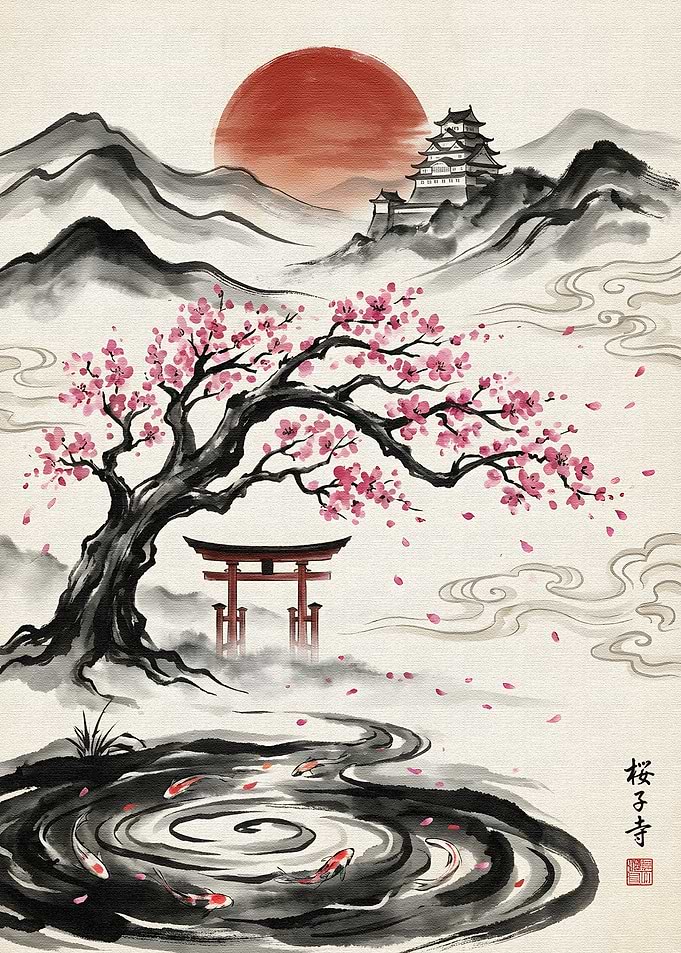 Japanese Landscape with Cherry Blossoms