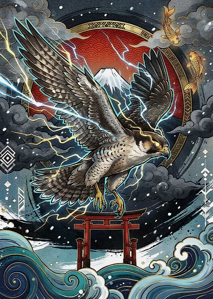 Japanese Falcon with Lightning and Waves