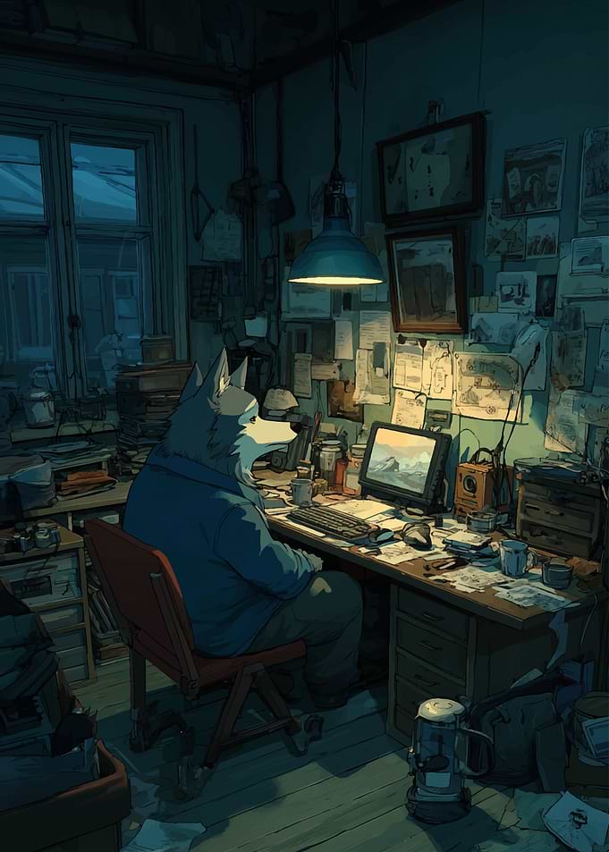 Anthropomorphic Wolf Working at Computer Desk