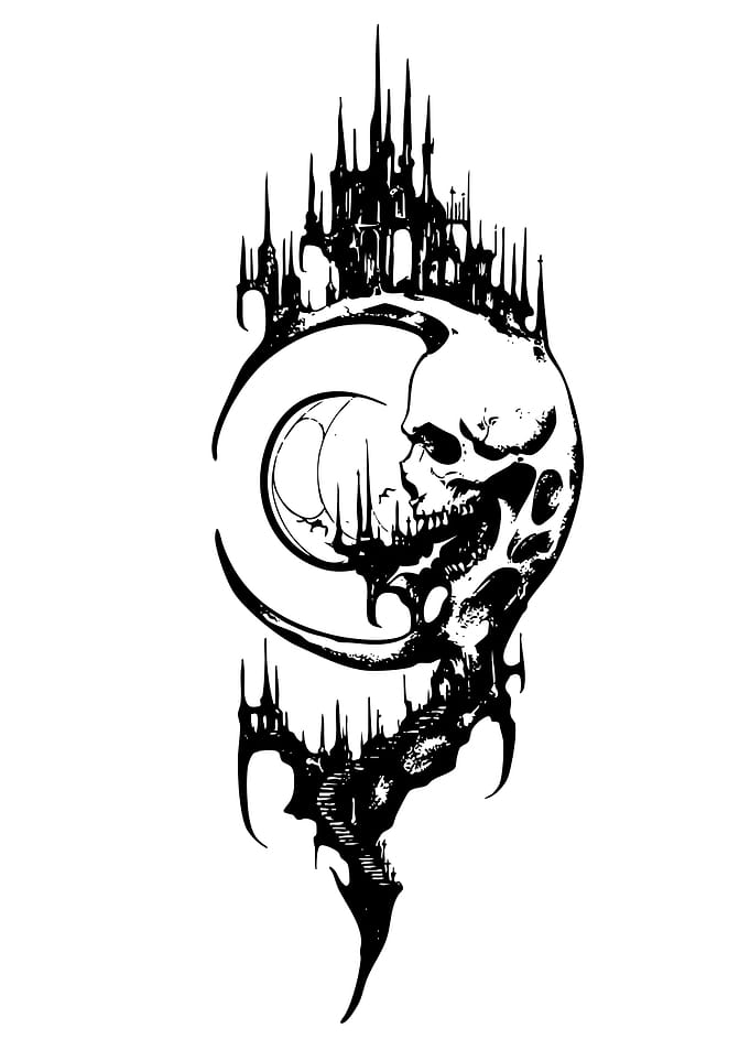 Skull, Moon, and Castle Illustration