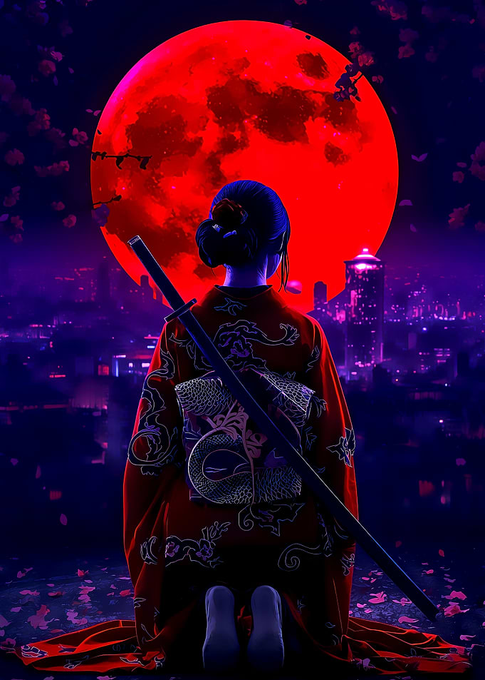 Samurai Girl Under Red Moon