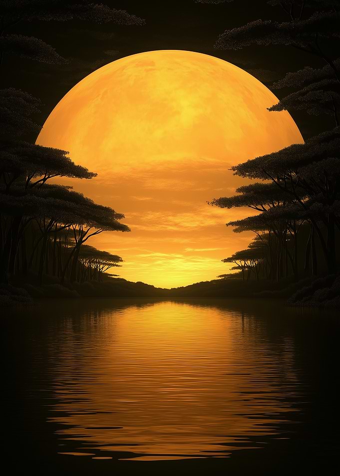Golden Moon Over Tranquil Lake