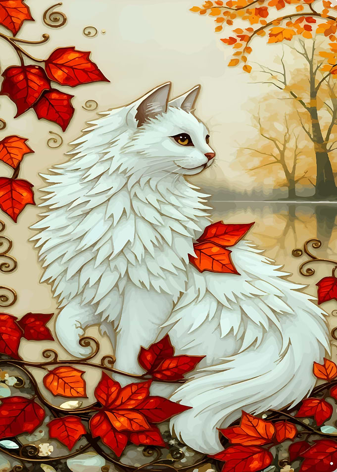 White Cat in Autumn Leaves
