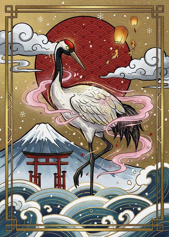 Japanese Crane with Mount Fuji