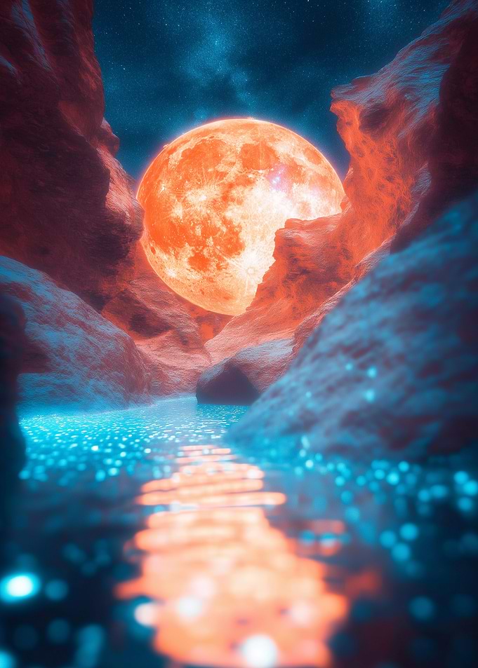 Surreal Canyon Landscape with Glowing Moon