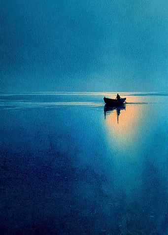 Boat on Water, Blue Watercolor Painting