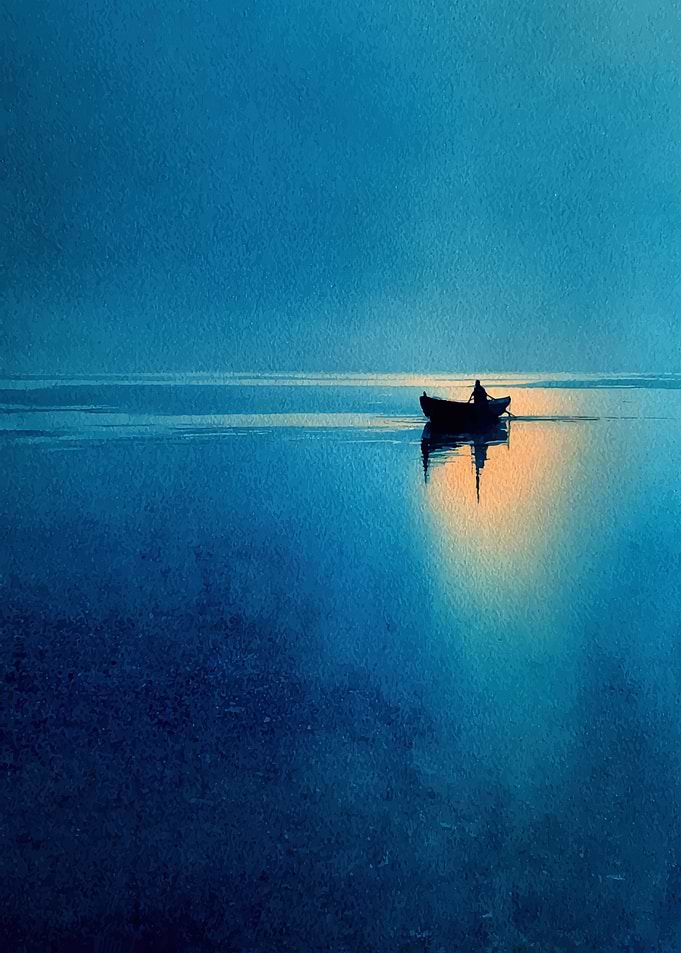 Boat on Water, Blue Watercolor Painting