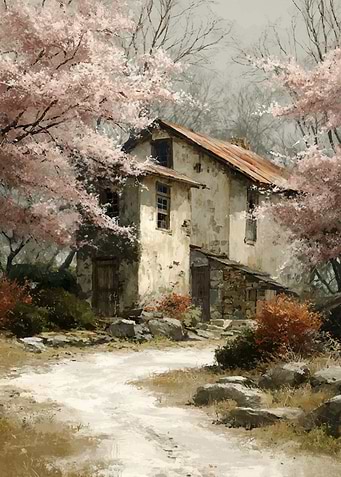 Rustic House Surrounded by Cherry Blossoms