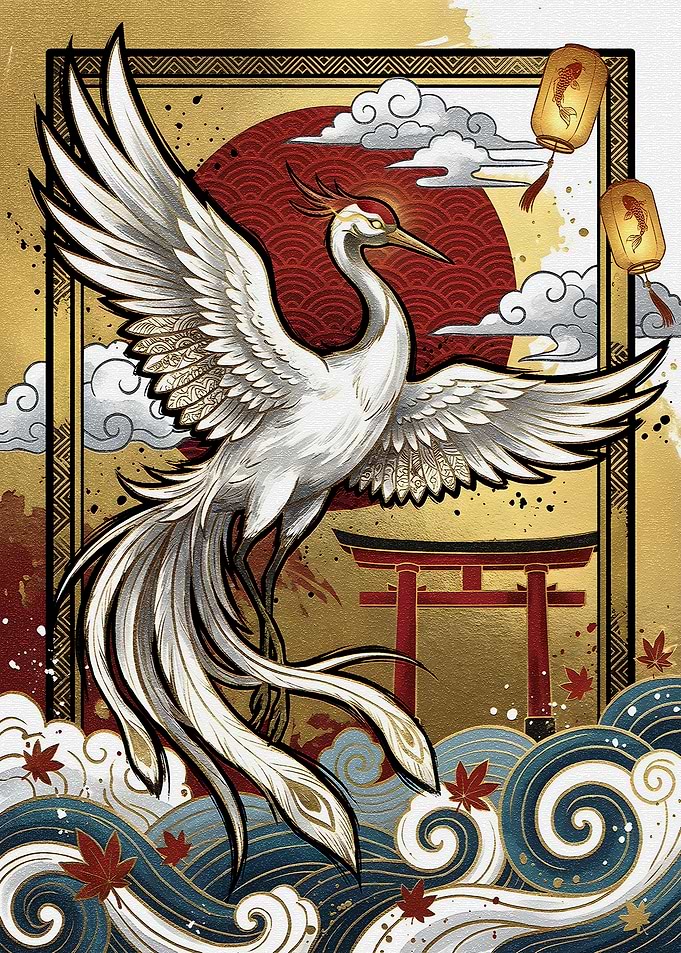 Japanese Crane with Torii Gate Art