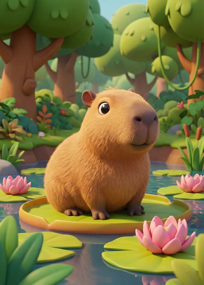 Cartoon Capybara on Lily Pad